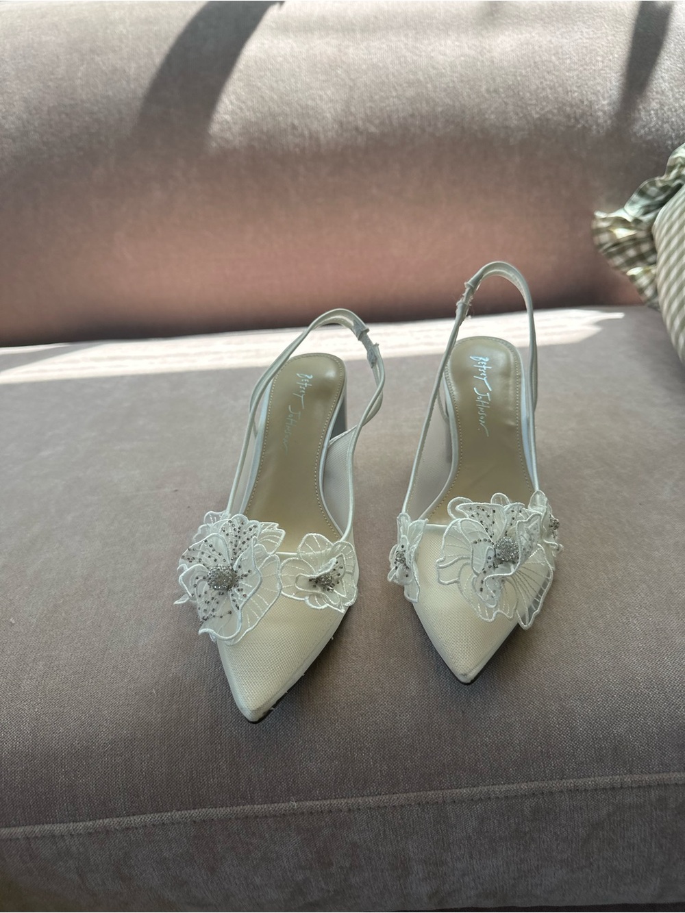 Betsey Johnson Ivory Pointed Slingback Heels with Floral Appliqué